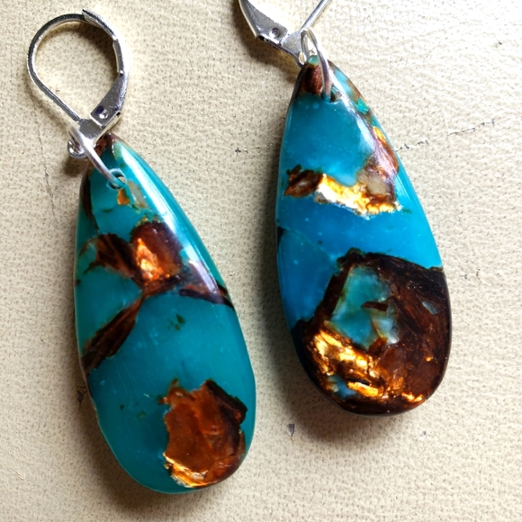 Earrings,  new, handmade copper bornite stone teardrop pendants. - Picture 1 of 4